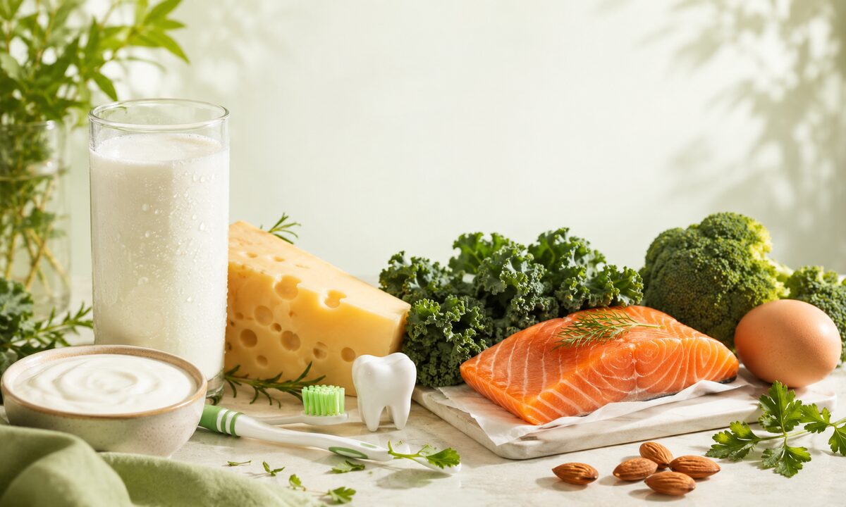 Молоко, сыр, рыба и зелень рядом с зубной щёткой — продукты с кальцием и витамином D для крепких зубов